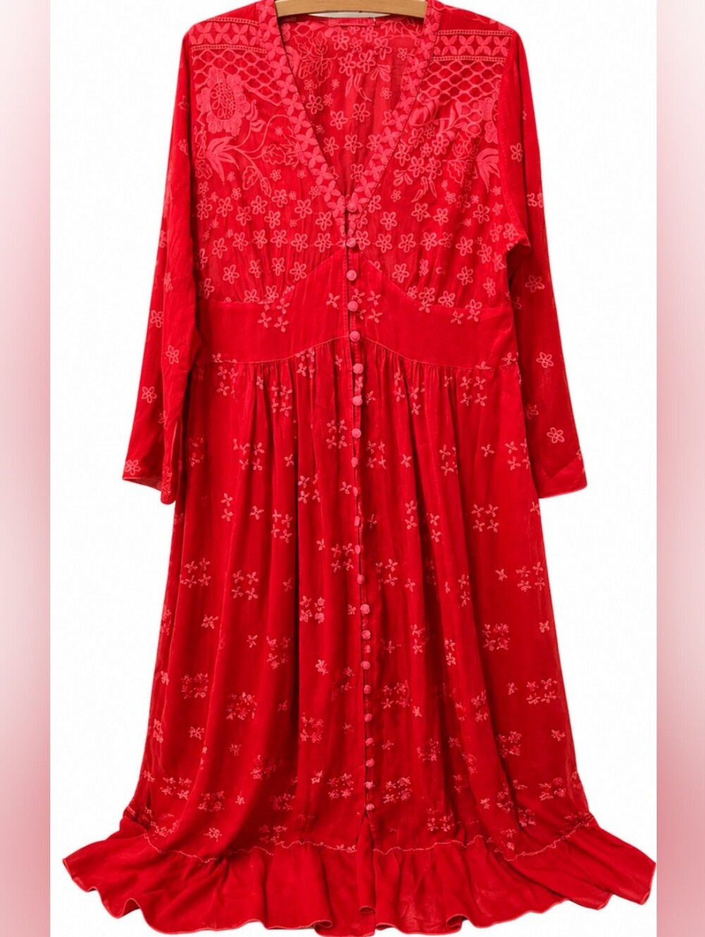 Johnny Was M Coral Red Embroidered Cupra Rayon Button Front Boho Maxi Dress